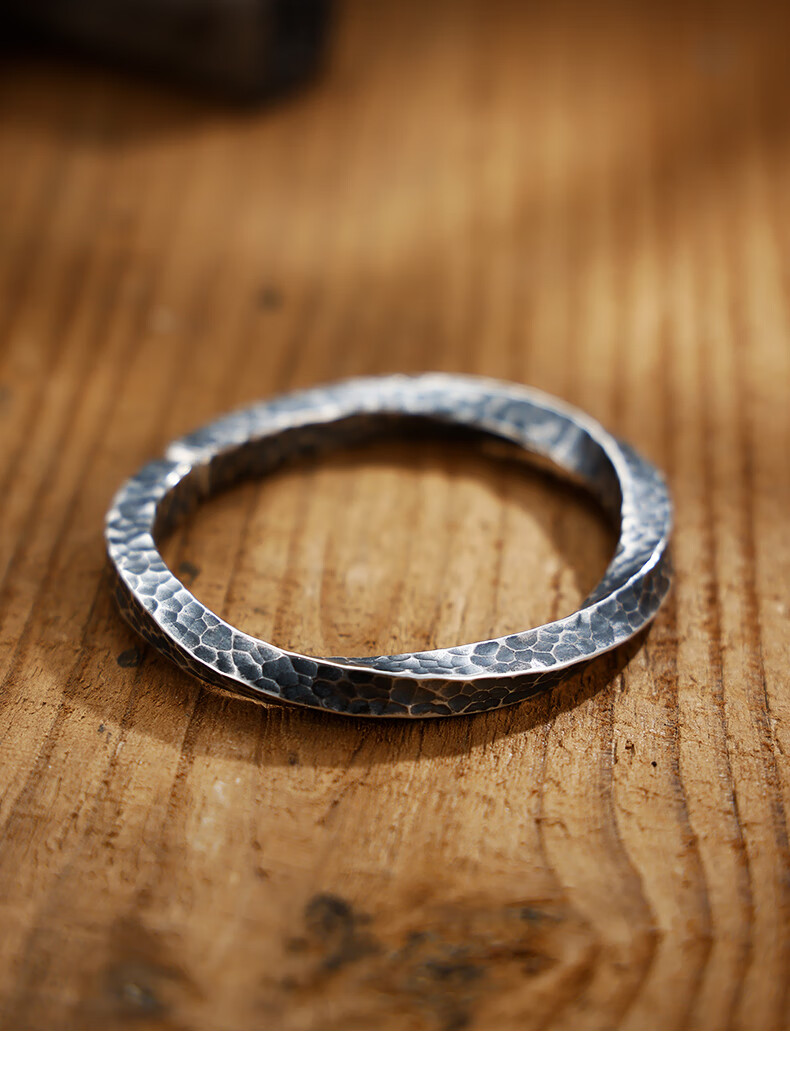 同款999银手镯男士复古锤纹开口镯子莫比乌斯手环送男友礼物七夕情人