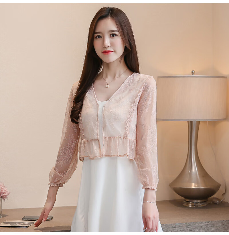 夏天穿的沙衣上衣雪纺耐晒开衫女夏薄款宽松蕾丝短外套女外搭外披纱衣