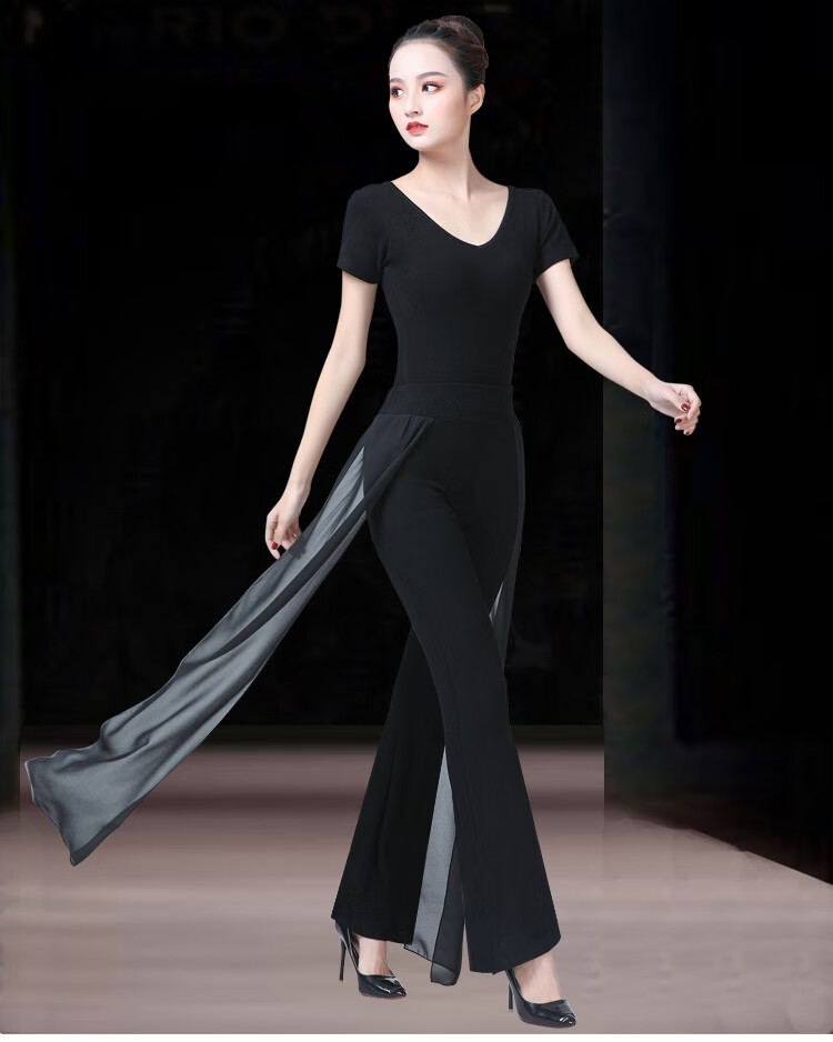 功服套装女成人黑色现代舞芭蕾走秀微喇裤舞蹈 连档黑色长袖 大嗽叭裤
