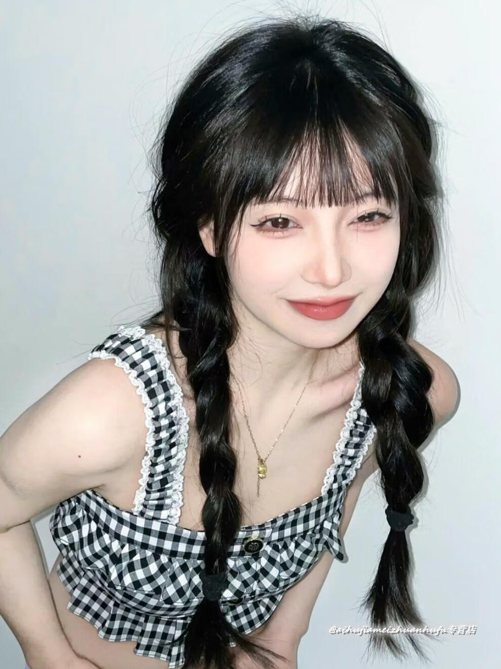 可爱仿真女麻花辫鱼骨双马尾辫绑带式 棕黑色 模特款-一对装【图片