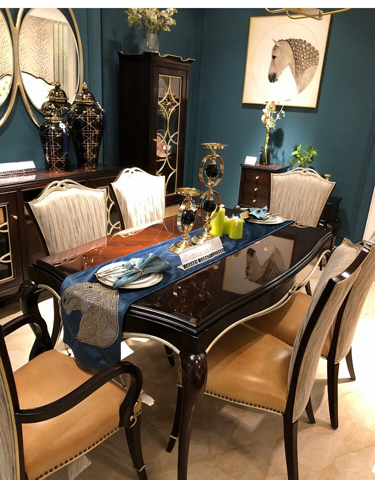 向发轻奢品牌美式轻奢餐桌椅组合简约后现代描金雕花欧式新古典实木长