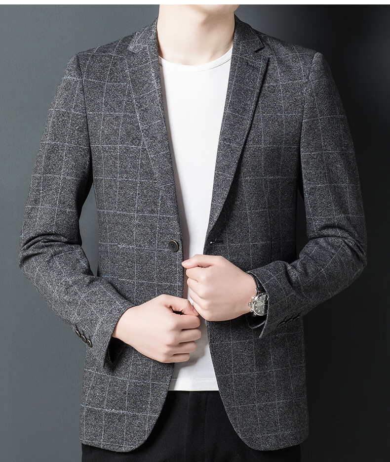 虎都男装2022秋西装男商务薄款格子小西服时尚韩版修身便服单西外套