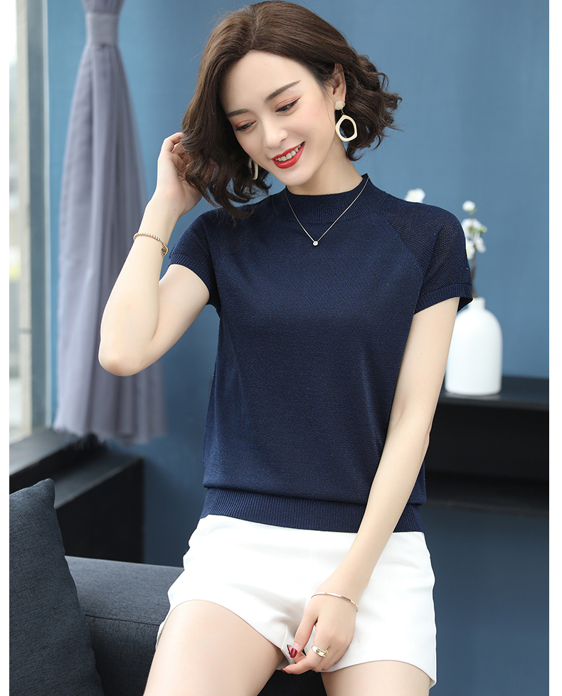 娇花依照冰丝t恤女2022夏季新款女装短袖半高领针织衫女纯色上衣女