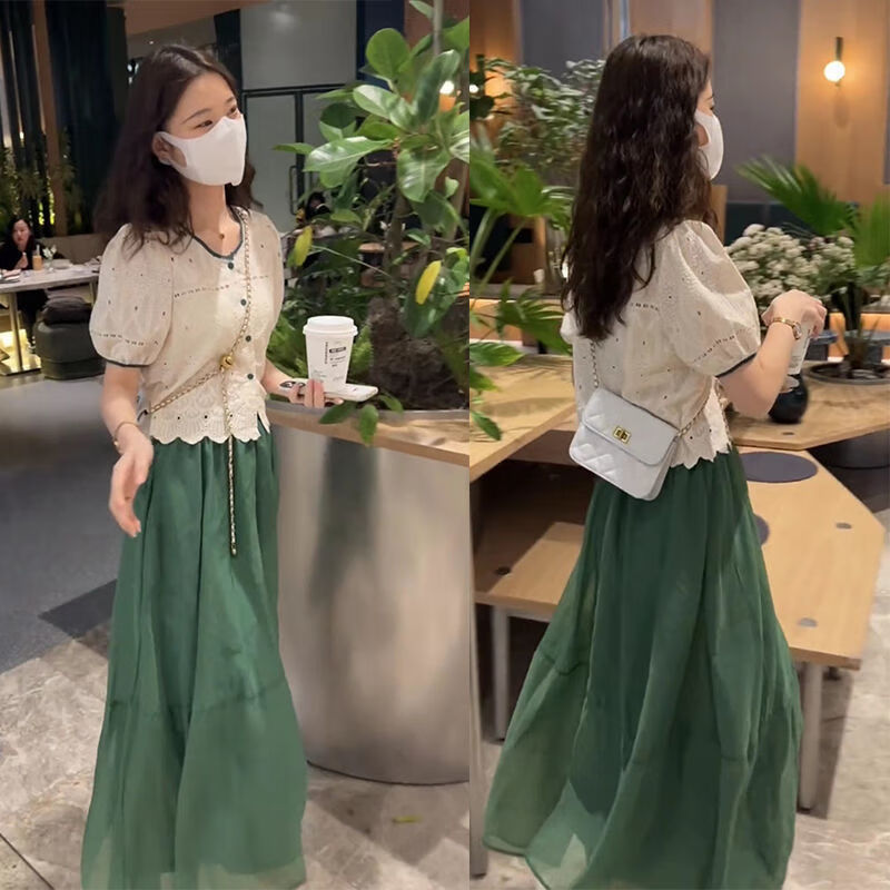 夏季新款雪纺半身裙女港风通勤蕾丝上衣纱裙套装清新刺绣蕾丝衬衫欧根
