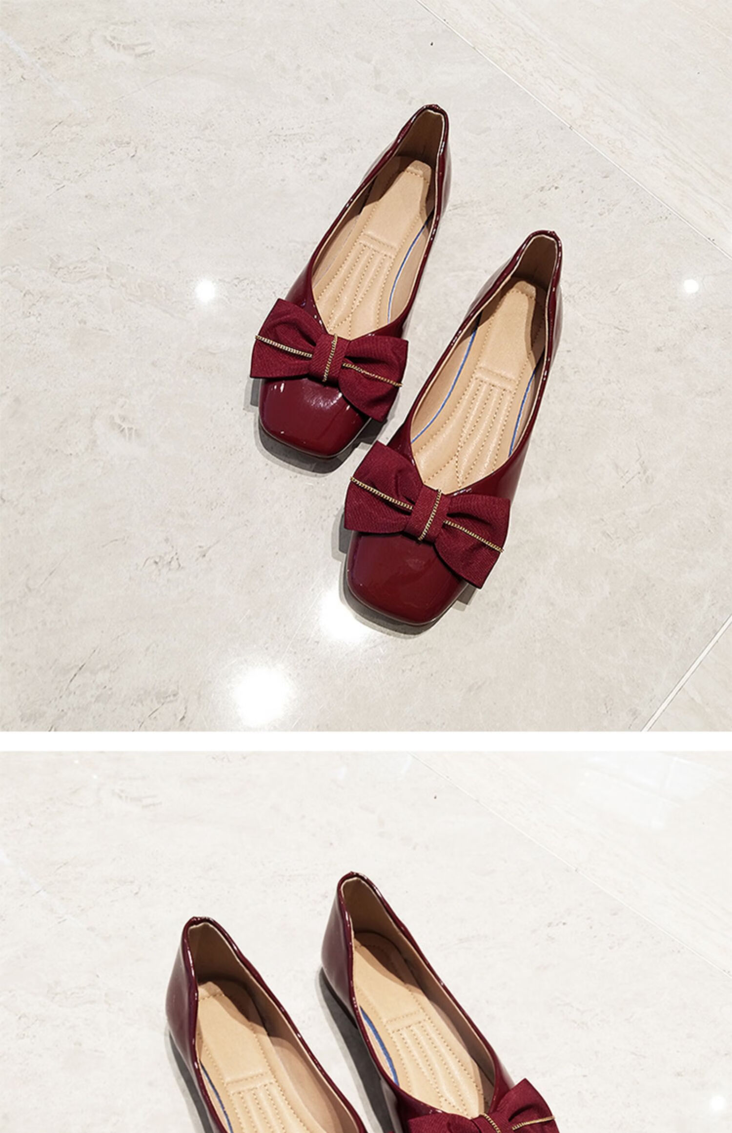 卡帝乐鳄鱼cartelo平底方头单鞋女浅口平跟软底奶奶鞋漆皮蝴蝶结开车