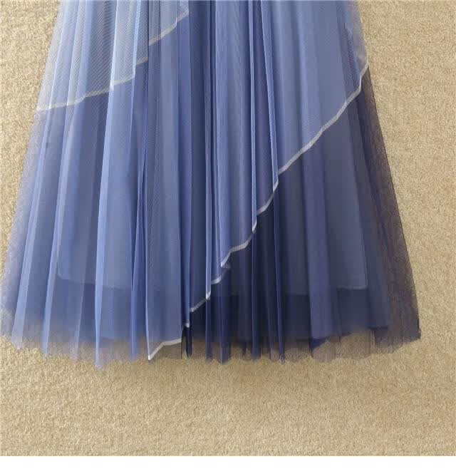 渐变色中长款网纱半身裙女春季拼色百褶裙子a字裙大摆仙女裙纱裙蓝色