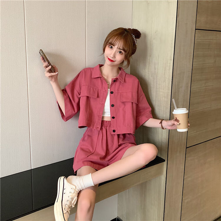 工装套装女韩版洋气辣妹夏季百搭时尚初中生宽松学生装短裤杏色套装s