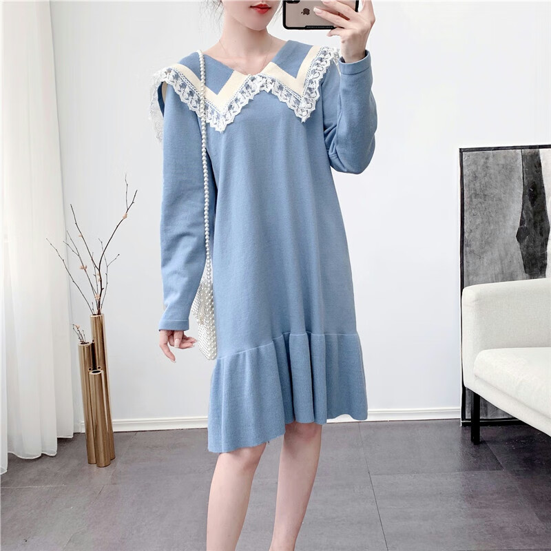 拉夏贝尔针织连衣裙宽松过膝女裙边毛衣裙秋冬减龄打底裙 a8441-翻领