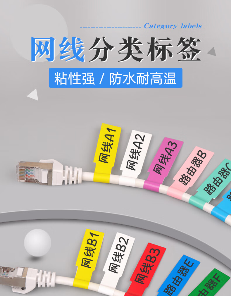 追艺彩色网线标签贴纸p型数据线不干胶标签贴机房电源线路充电线收纳