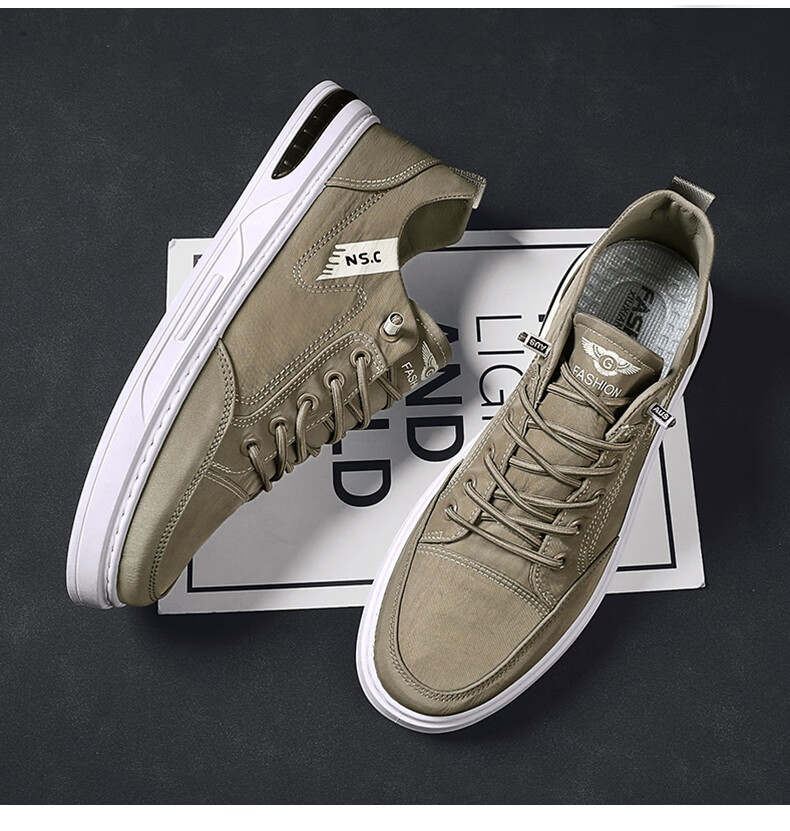 鳄鱼恤夏季2022新款潮流百搭透气薄款帆布板鞋男士休闲布鞋卡其43