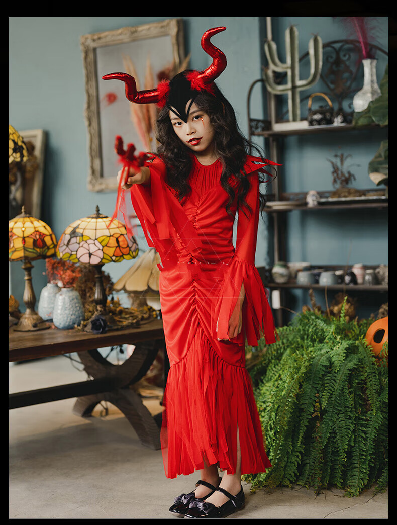 万圣节儿童服装红魔女cosplay服邪恶小恶魔吸血鬼女巫学校演出服 单