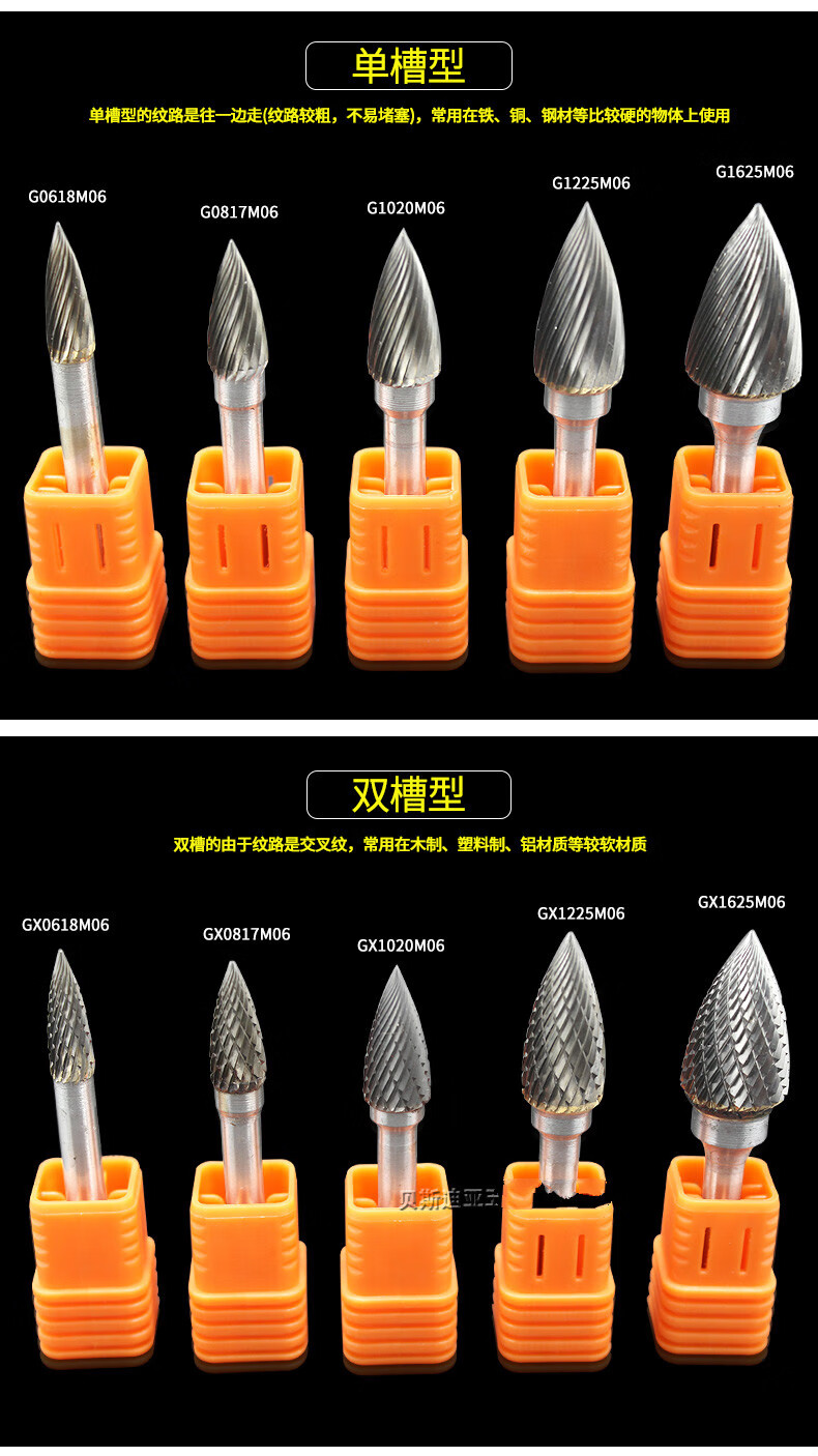钨钢磨头6mm柄硬质合金旋转锉弧形尖头铣刀金属扩孔打磨头双槽gx1020m