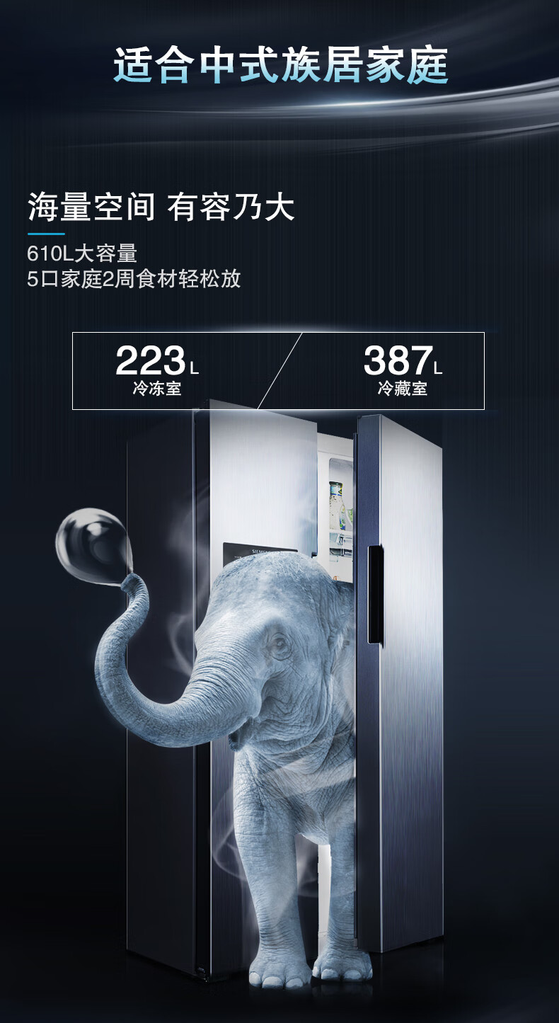 【拉丝覆膜】西门子(siemens)冰箱大容量610l对开双开门冰箱独立双