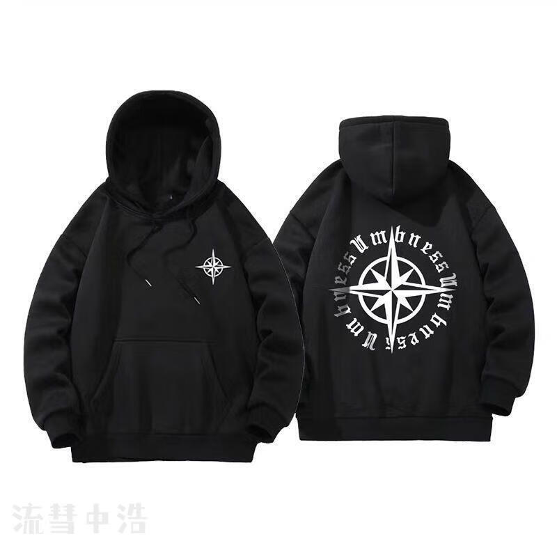 umbness指南针哥特字母logo印花休闲宽松落肩连帽卫.