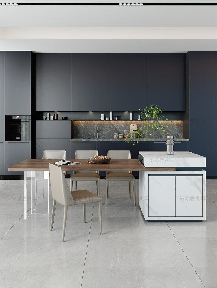 岛台餐桌一体可伸缩 岛台餐桌一体岩板岛台餐桌一体黑胡桃木悬浮感