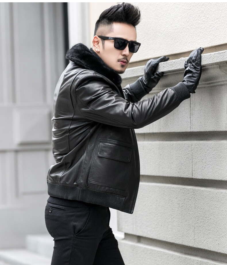 gellvann品牌真皮羽绒服男士山羊皮水貂翻领皮夹克飞行服加厚外套