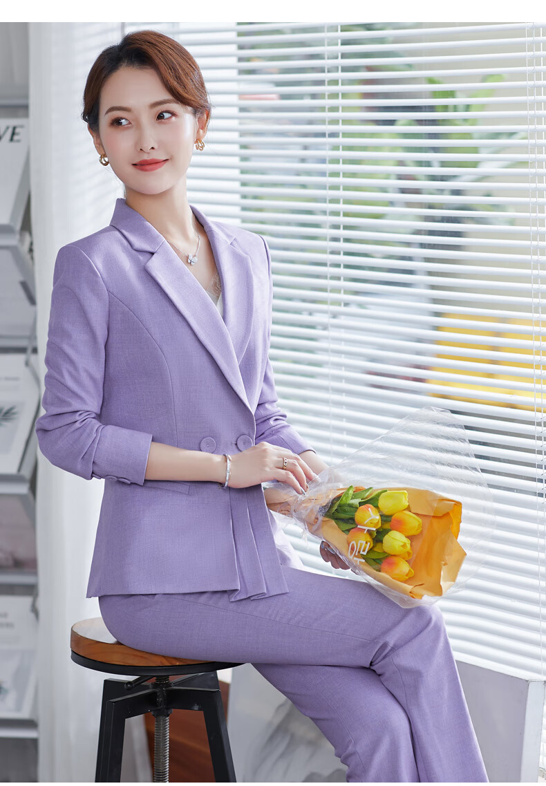 播音主持艺考服装女学生感紫色新闻人正装春上镜西服套装主播职业小