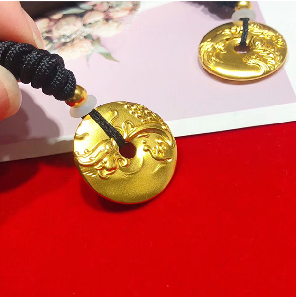 老凤凰龙凤吊坠黄金平安扣足金实心足金莲花古法金挂坠绳项链情侣款一