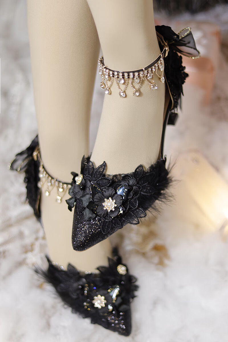 洛丽塔高跟鞋细跟原创lolita鞋凉鞋闪亮水钻尖头花嫁鞋高跟lo鞋 黑色