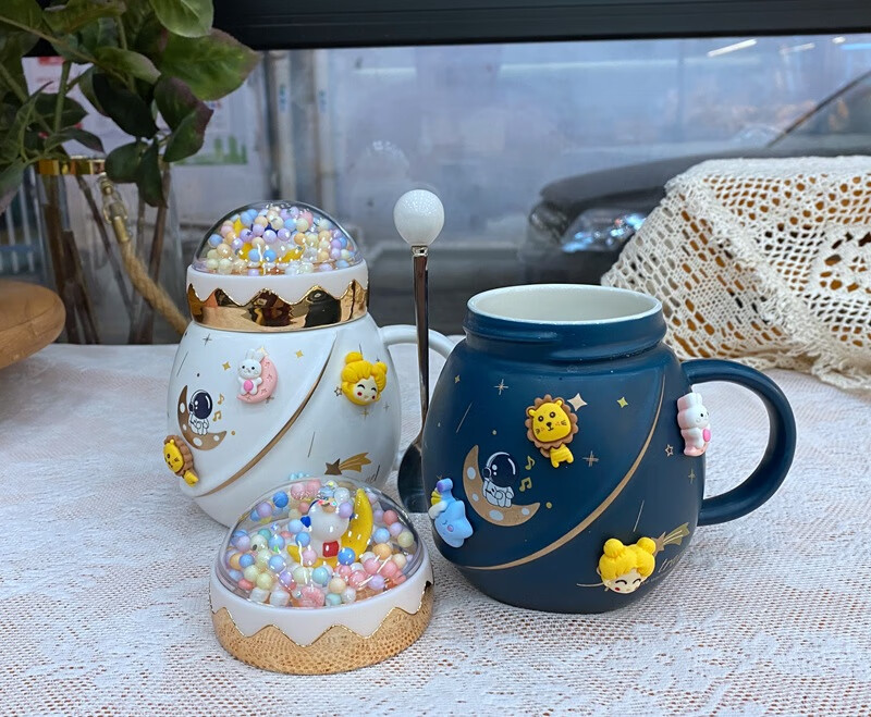 快乐星球韩式马克杯带盖勺学生陶瓷杯子情侣水杯女生礼盒深蓝带盖蓝球