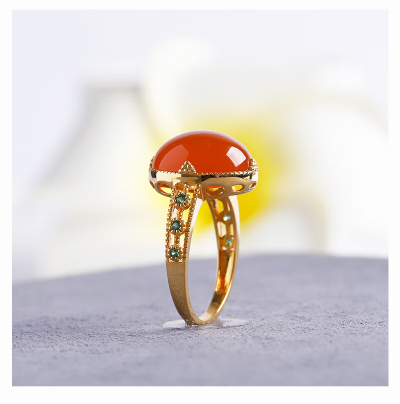 情冰 天然保山冰红南红戒指18k镶嵌 原矿无胶起荧光老坑河湾料女款