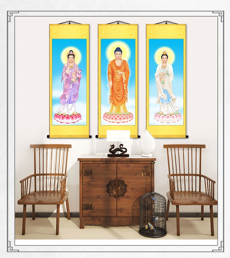 挂画国画佛像西方三圣画像丝绸卷轴挂画供奉阿弥陀佛神像佛教道场竖版