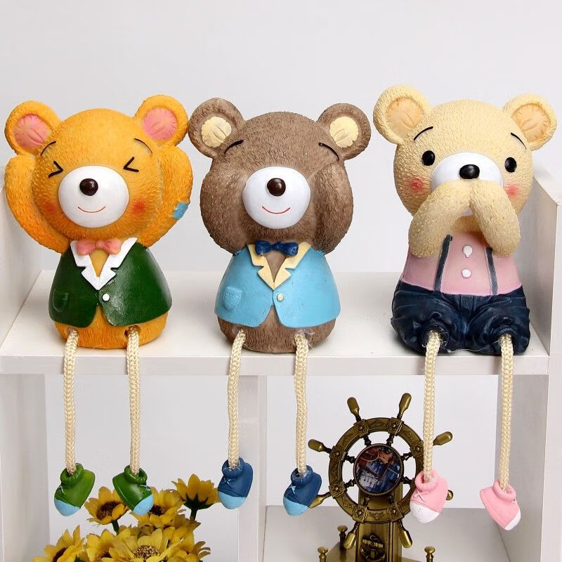 创意家居装饰品小摆件可爱摆件卧室客厅树脂工艺品三不熊吊脚娃娃不看