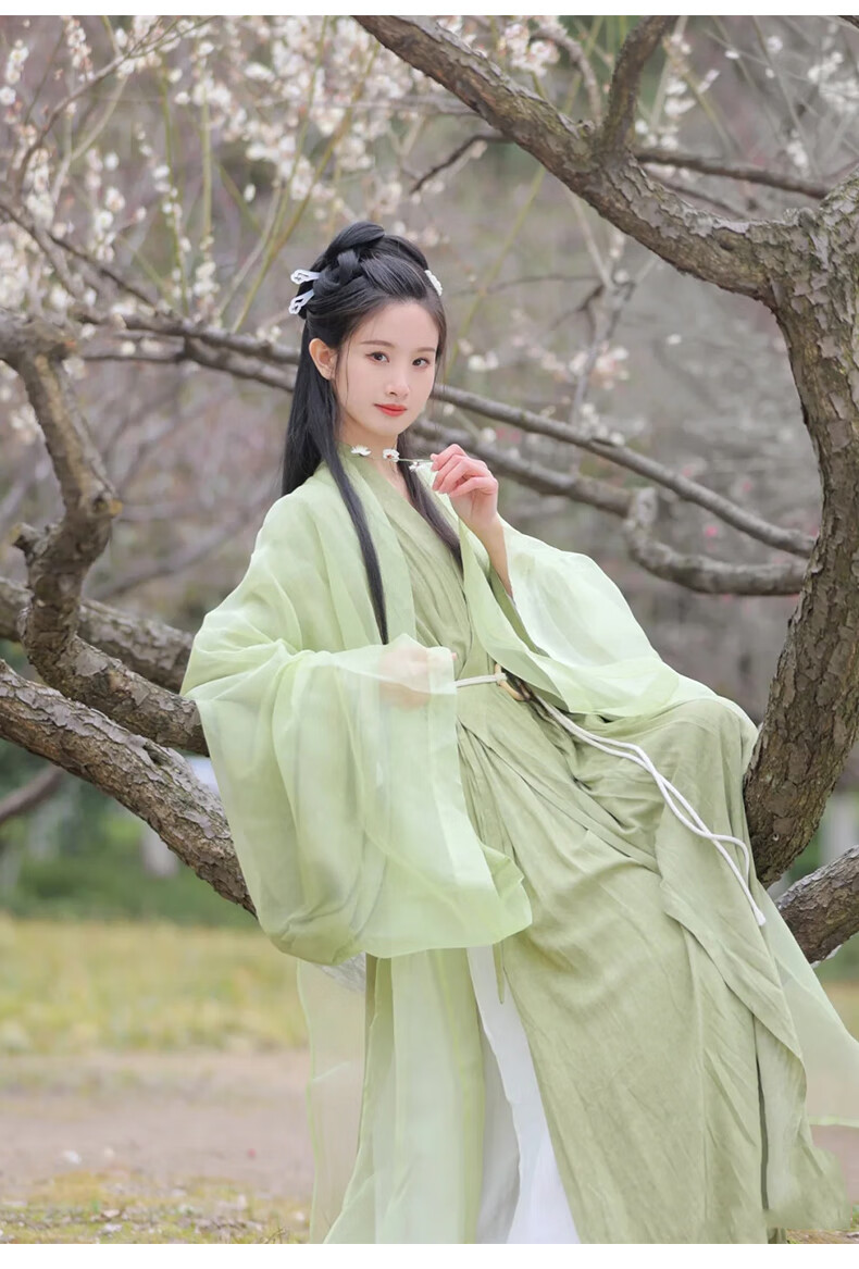 广袖流仙裙魏晋风汉服春季超仙气飘逸古风广袖流仙裙绿色全套日常可穿