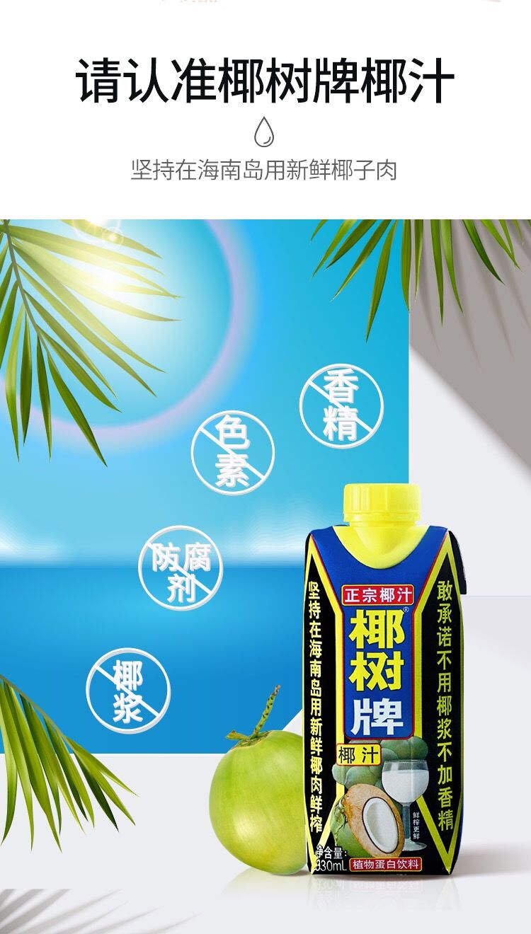 官方旗舰椰树牌椰汁椰子汁饮料饮品植物蛋白椰奶果汁孩子爱喝椰汁245