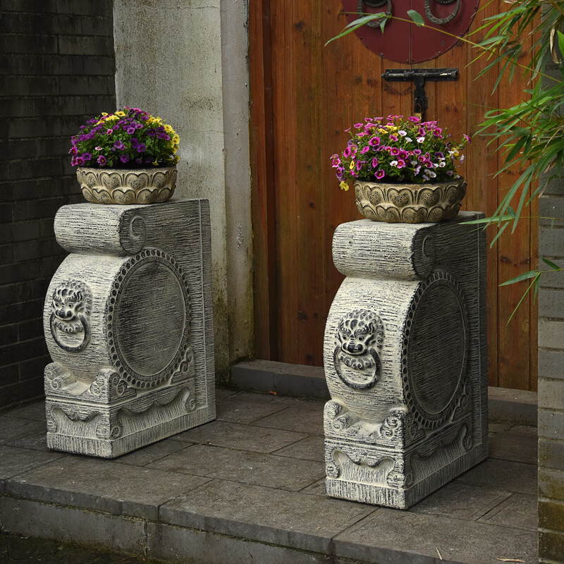 仿石雕石鼓门墩抱鼓石一对家用仿古庭院别墅看门门口树脂石粉石墩摆件