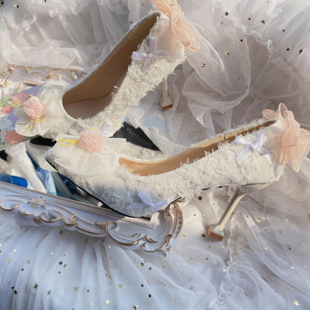 洛丽塔鞋子法式少女lolita高跟鞋华丽纯白花嫁鞋毛绒茶会款手工定制