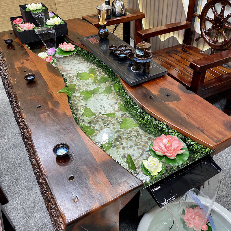 台新中式茶具套装一体茶几20米曲水流觞桌雕龙主椅4靠椅限时促销整装