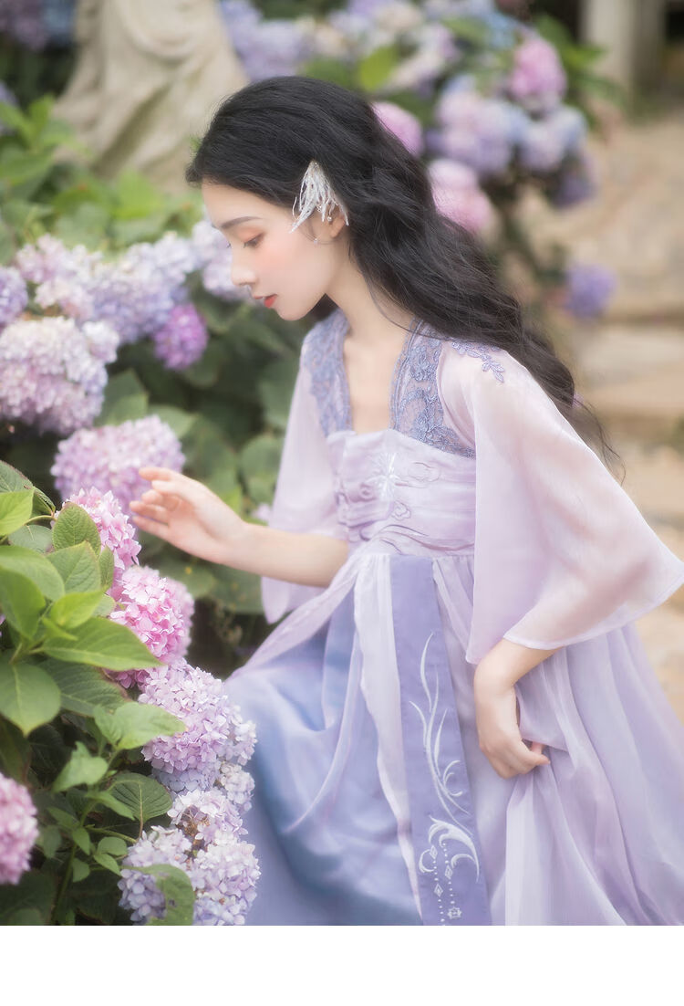 汉服日常款2022夏季仙女裙子雪纺中国风超仙蕾丝刺绣连衣裙薰衣草淡紫