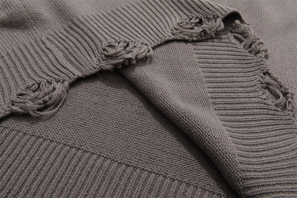 长袖骷髅头圆领毛衣国潮嘻哈设计感下摆钩花破洞套头针织毛衫 灰色 xl