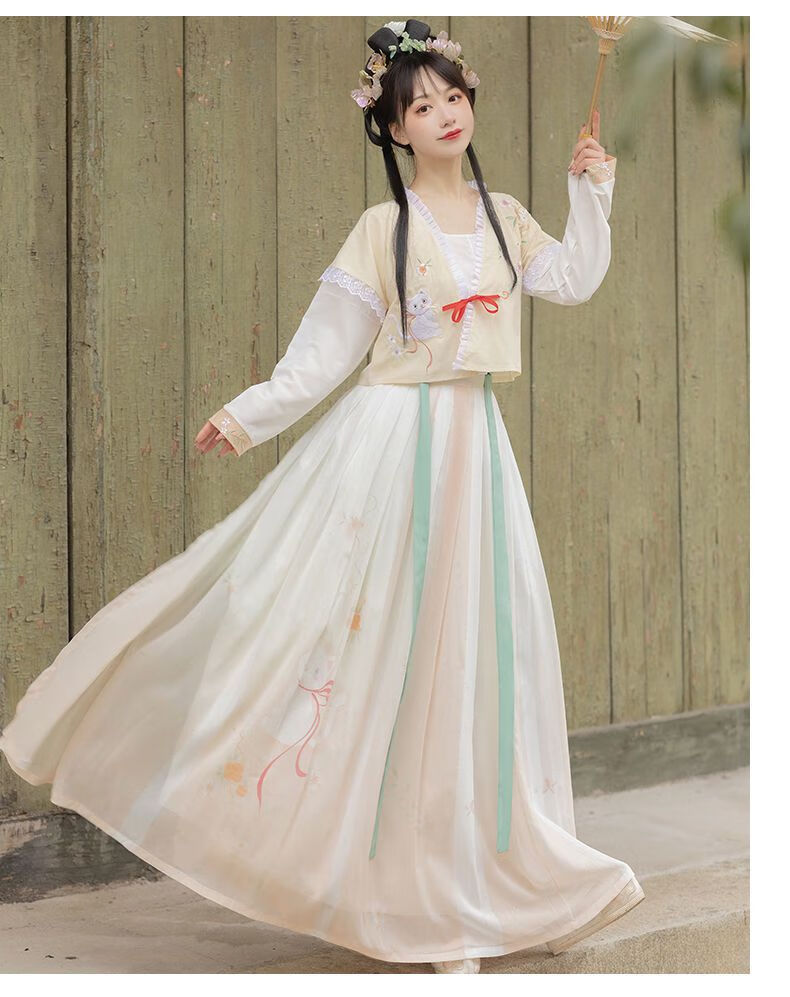 汉服唐制汉服唐制唐褙子齐腰襦裙圆领刺绣日常春夏款 米黄色褙子 里衣