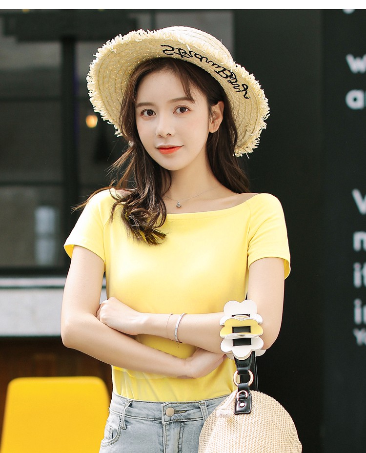 60露肩一字肩上衣女生季一字领半袖短款性感紧身小众锁骨t恤女短袖