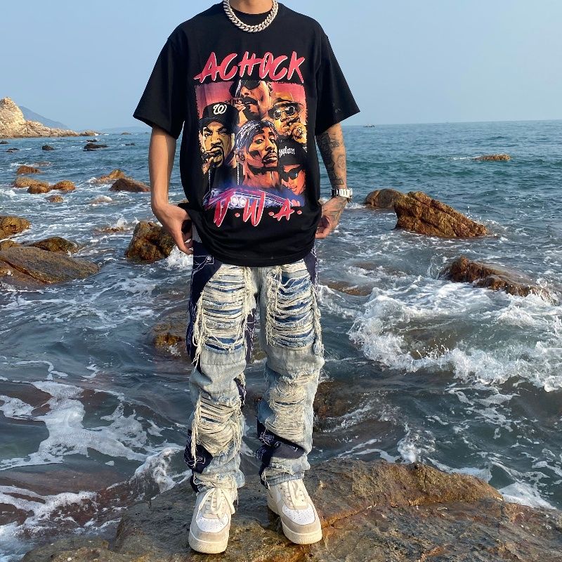 achock美式西海岸摇滚人像说唱印花t恤潮嘻哈圆领休闲短黑色s