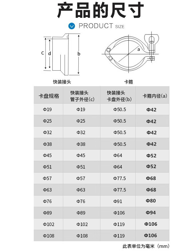 卫生级快装卡箍不锈钢接头卡盘抱箍快接端头精铸卡扣管夹505304Φ89