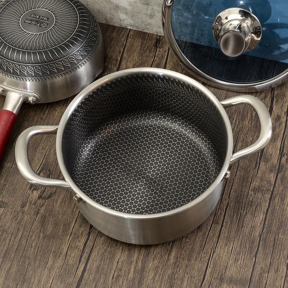 不锈钢汤锅不粘双耳蜂窝煲汤锅家用加厚火锅电磁炉小煮锅20cm汤锅蜂巢