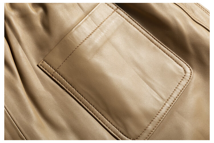 真皮短裤新款宽腿高a级小羊皮女皮裤松紧腰时尚裤子直筒裤 利休白茶色