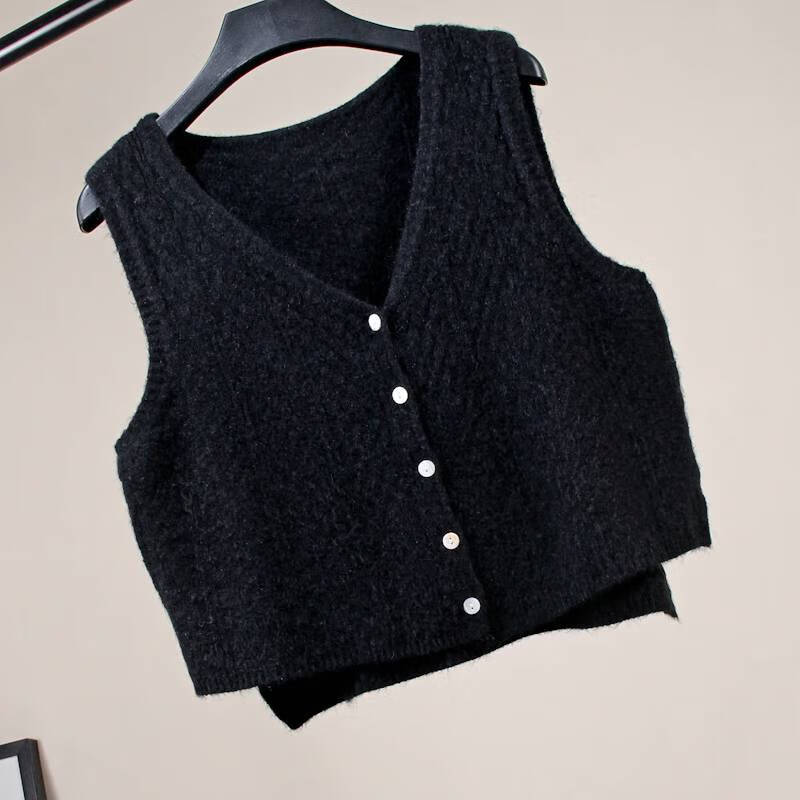 针织马甲开衫女秋冬2020年韩版坎肩百搭外穿宽松无袖毛衣背心 黑色