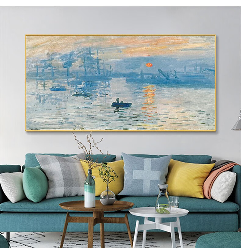 莫奈日出印象油画手绘 手绘油画莫奈日出印象横幅客厅沙发背景墙名画