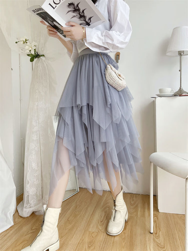 不规则a字纱裙半身裙女新网纱半身裙不规则半身裙网纱裙黑色裙长82