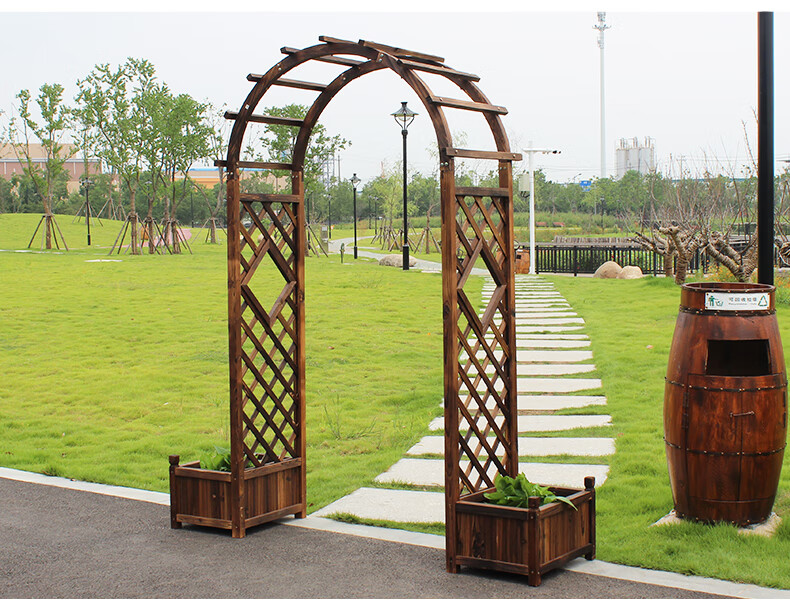 户外庭院碳化腐实木拱门花园装饰门葡萄架网格爬藤花架子栅栏门