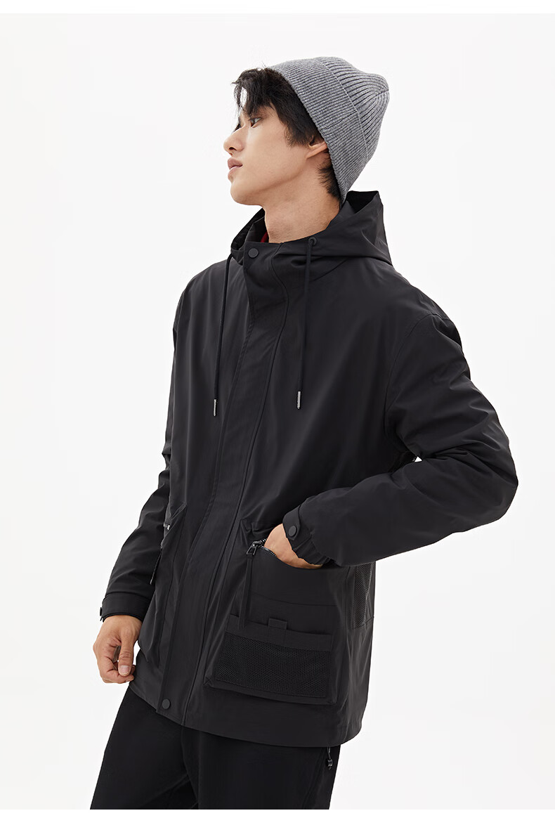 利郎lilanz less is more秋季连帽休闲工装风中长款风衣男士外套 黑色