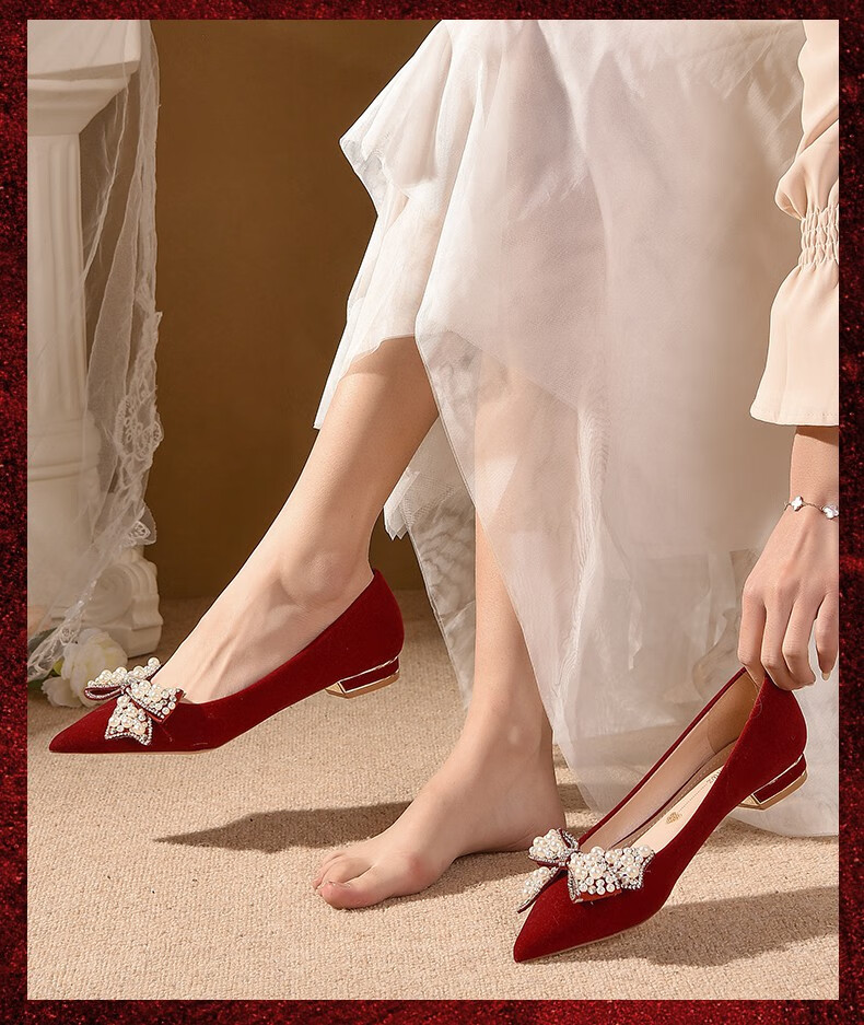 婚鞋女平底红色结婚鞋女平底新款春季秀禾服婚纱两穿孕妇新娘鞋红色