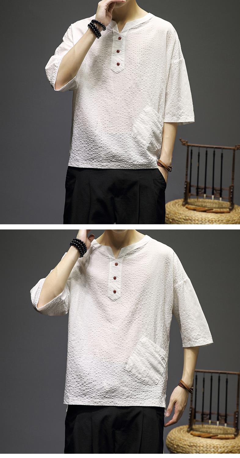 卡柏奇亚麻短袖t恤男新款夏季薄款口袋拼接棉麻衣服中国风男装体恤