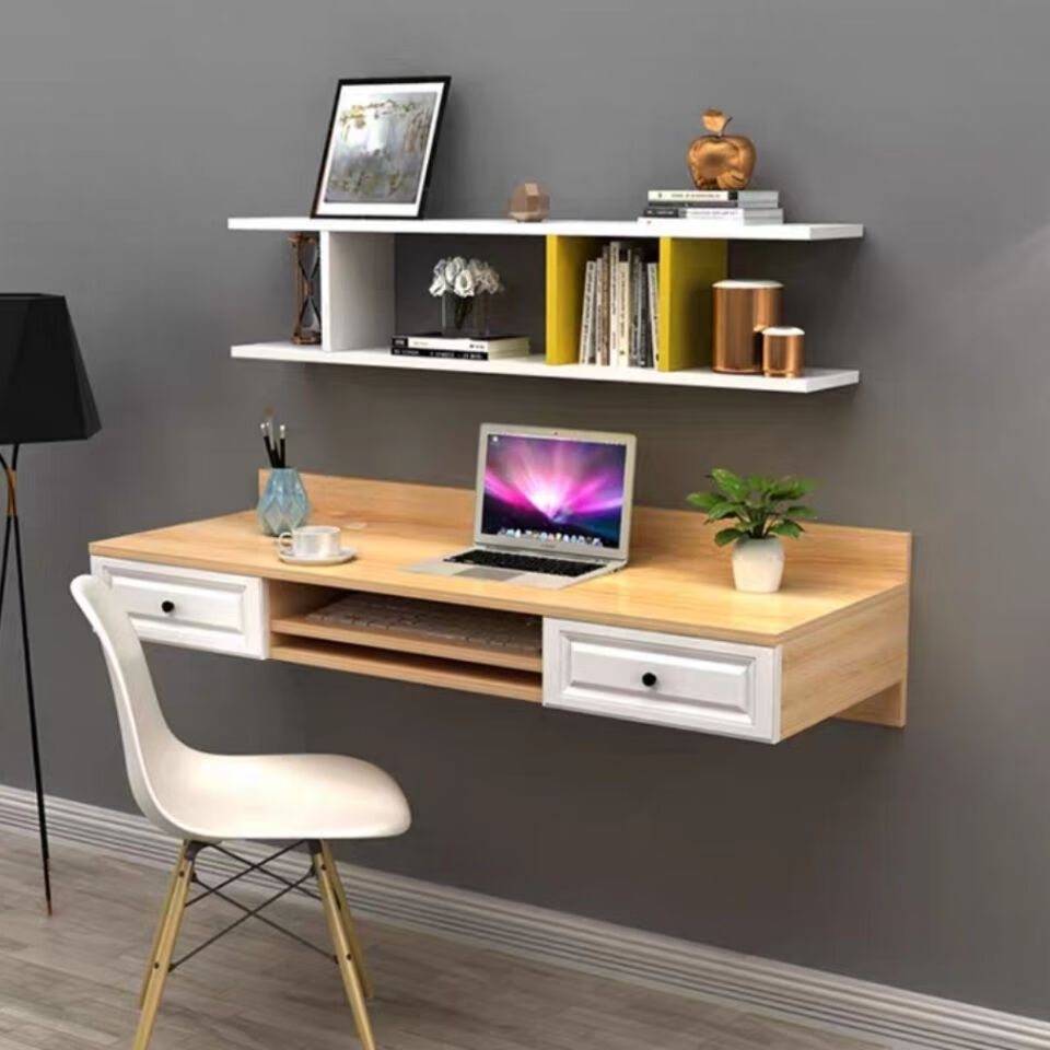 奈德龙北欧现代简约台式电脑桌收纳带抽屉书柜书架壁挂式墙上书桌学习