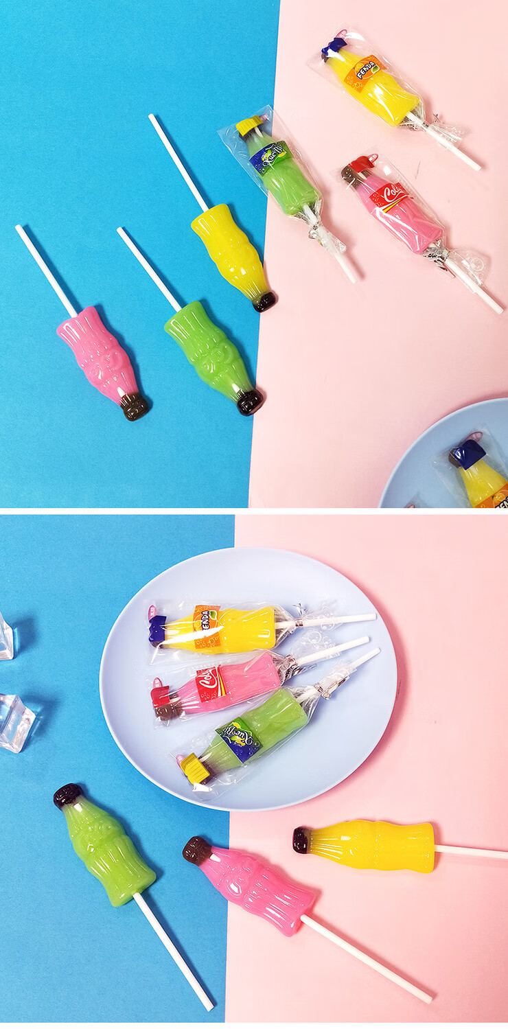 汽水味可乐棒棒糖创意卡通可爱高颜值零食糖果批发整盒汽水糖混味30支
