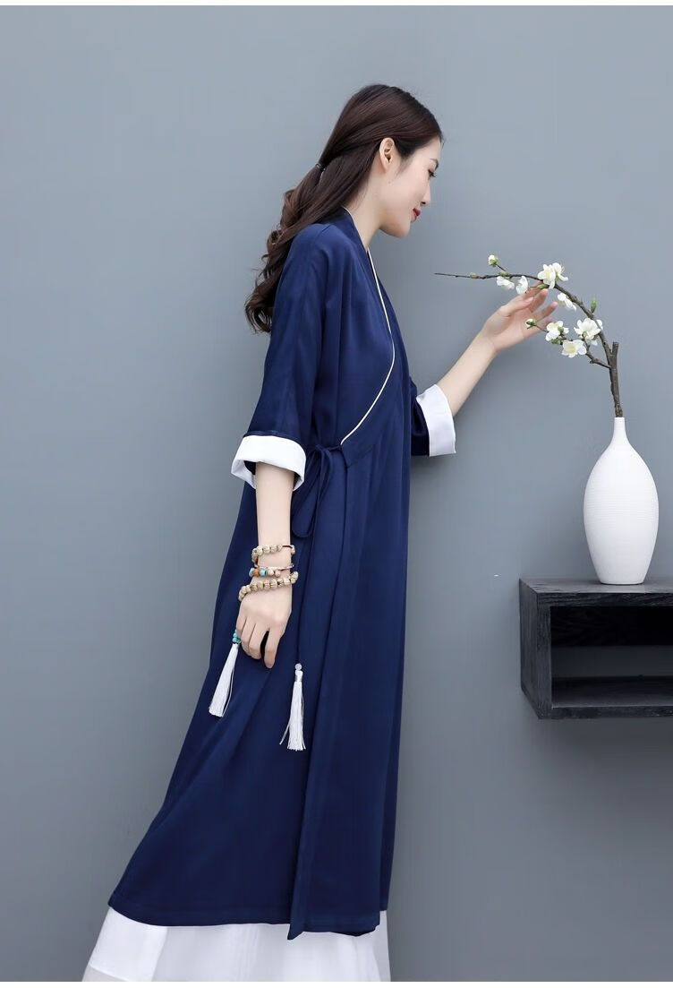 禅服女禅修服女中国风交领系带汉服居士瑜伽服连衣裙茶服外套白色套装